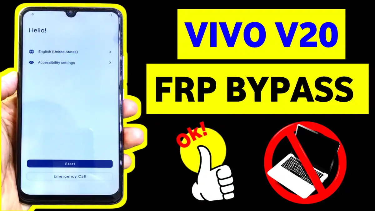 Vivo V20 phone with screen showing FRP bypass process and lock screen.